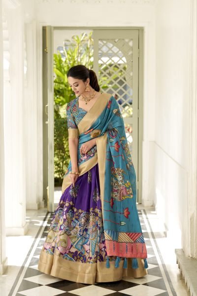 Purple Color Dola Silk Designer Kalamkari Print Lehenga Choli Half Saree Lehenga