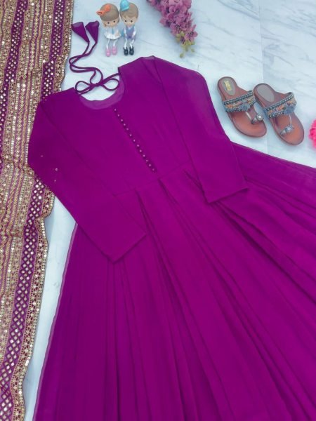 Purple Color Faux Georgette Gown With Sequence Work Dupatta Ready To Wear Collection
