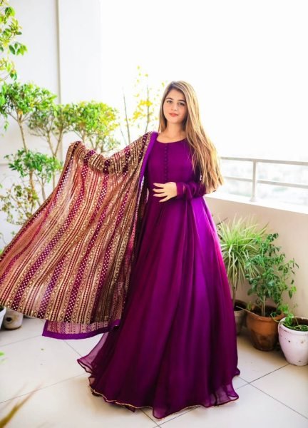 Purple Color Faux Georgette Gown With Sequence Work Dupatta Ready To Wear Collection