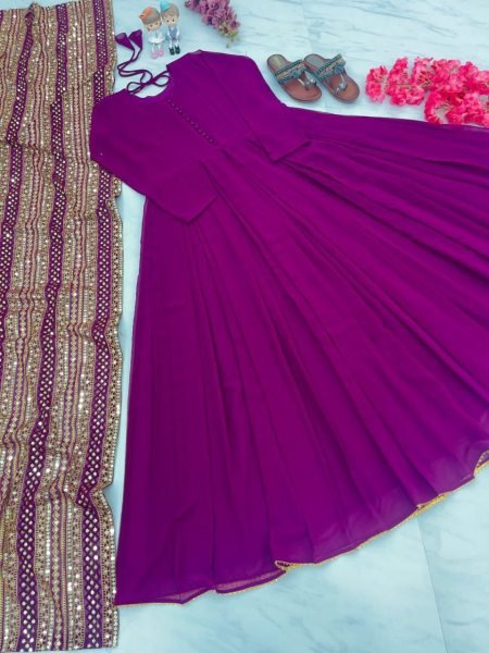 Purple Color Faux Georgette Gown With Sequence Work Dupatta Ready To Wear Collection