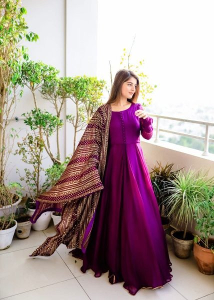 Purple Color Faux Georgette Gown With Sequence Work Dupatta Ready To Wear Collection