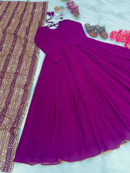 Purple Color Faux Georgette Gown With Sequence Work Dupatta Ready To Wear Collection