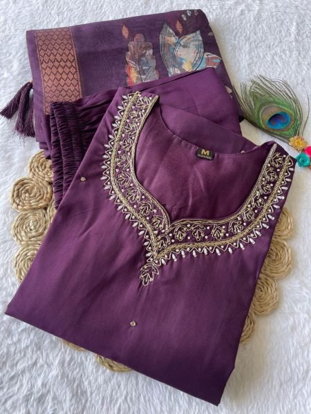 Purple Color Handwork Kurti pant With Dupatta  3 Piece Kurti Set