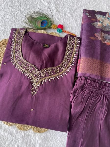 Purple Color Handwork Kurti pant With Dupatta  3 Piece Kurti Set
