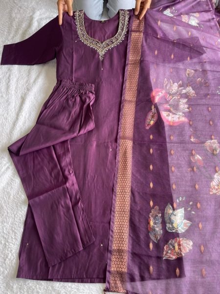 Purple Color Handwork Kurti pant With Dupatta  3 Piece Kurti Set