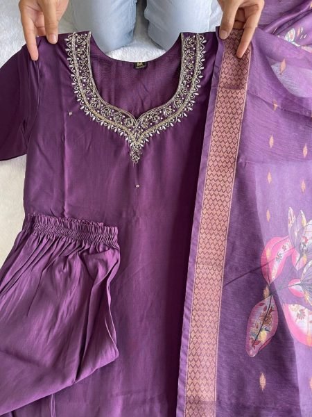 Purple Color Handwork Kurti pant With Dupatta  3 Piece Kurti Set
