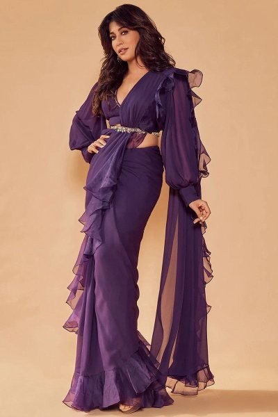Purple Color Heavy Georgette Frill ready to wear Saree Wholosale Rate in Surat Ready To Wear Saree 