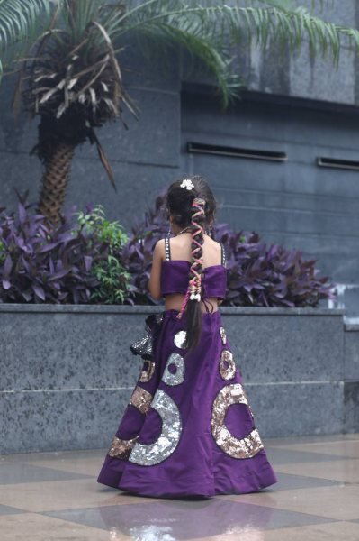 Purple Color Heavy Roman Silk Kids Navratri Lehenga Choli Designer Festive Outfit Girls Wear