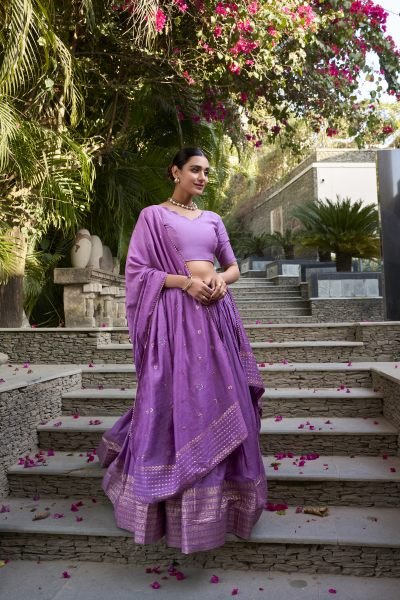 Purple Color Plain With Zari Weaving Work Border Chanderi Traditional Wear Lehenga Choli Designer Lehenga Choli