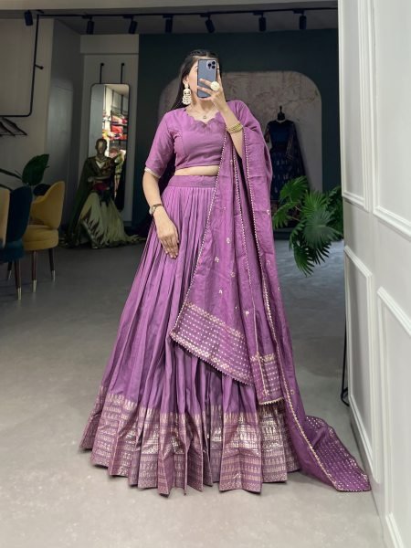 Purple Color Plain With Zari Weaving Work Border Chanderi Traditional Wear Lehenga Choli Designer Lehenga Choli