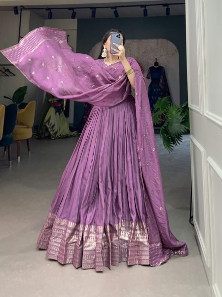 Purple Color Plain With Zari Weaving Work Border Chanderi Traditional Wear Lehenga Choli Designer Lehenga Choli