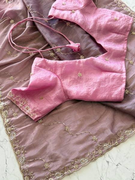 Purple Color Pure Gold Crush Silk Saree With Hand Embroidery and Contrast Blouse Embroidery Sarees Wholesale