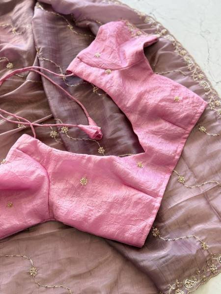 Purple Color Pure Gold Crush Silk Saree With Hand Embroidery and Contrast Blouse Embroidery Sarees Wholesale