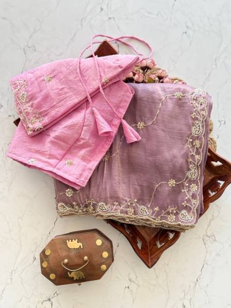 Purple Color Pure Gold Crush Silk Saree With Hand Embroidery and Contrast Blouse Embroidery Sarees Wholesale