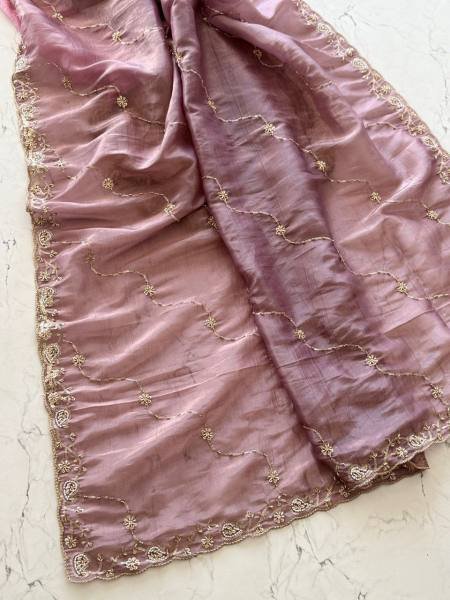 Purple Color Pure Gold Crush Silk Saree With Hand Embroidery and Contrast Blouse Embroidery Sarees Wholesale