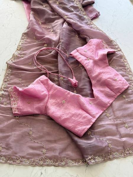 Purple Color Pure Gold Crush Silk Saree With Hand Embroidery and Contrast Blouse Embroidery Sarees Wholesale