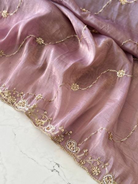 Purple Color Pure Gold Crush Silk Saree With Hand Embroidery and Contrast Blouse Embroidery Sarees Wholesale