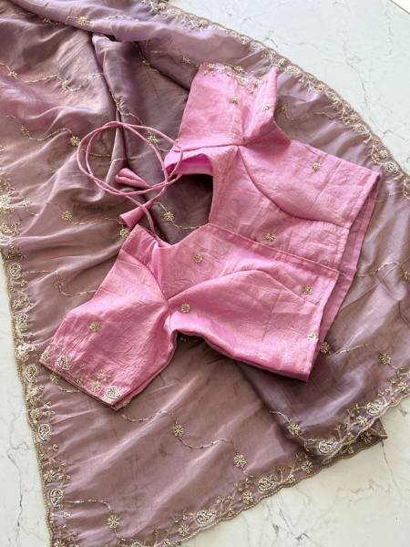 Purple Color Pure Gold Crush Silk Saree With Hand Embroidery and Contrast Blouse Embroidery Sarees Wholesale