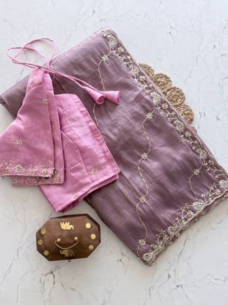 Purple Color Pure Gold Crush Silk Saree With Hand Embroidery and Contrast Blouse Embroidery Sarees Wholesale