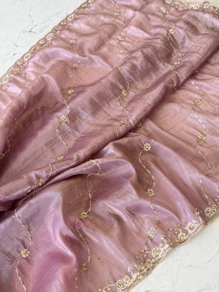Purple Color Pure Gold Crush Silk Saree With Hand Embroidery and Contrast Blouse Embroidery Sarees Wholesale