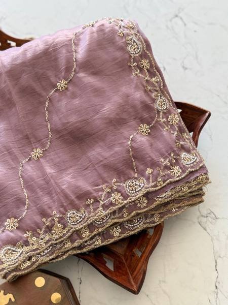Purple Color Pure Gold Crush Silk Saree With Hand Embroidery and Contrast Blouse Embroidery Sarees Wholesale