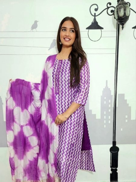 Purple Colour Kurti Pant With Dupatta Set 3 Piece Kurti Set