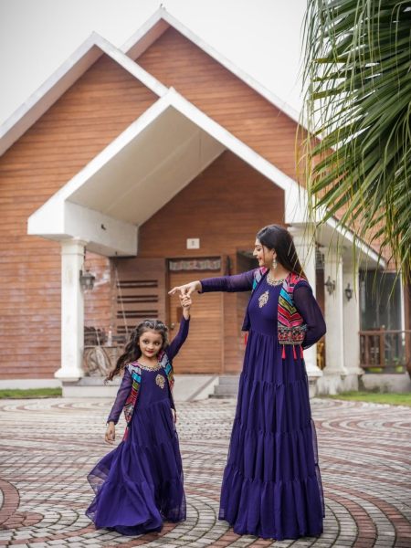 Purple Colour Mother Daughter Combo Gown With Koti Set  Mom-Doughter Collection