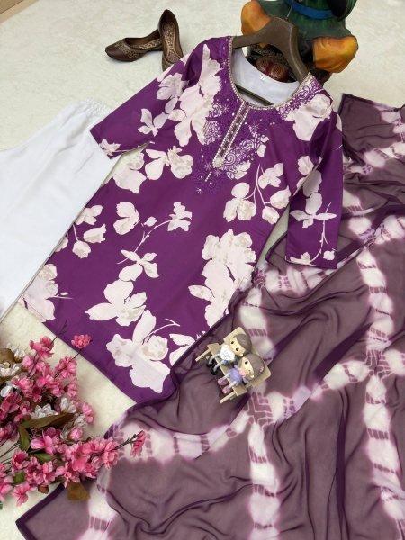 Purple Comfortable Cotton Suit Set for Women Casual and Office Wear Printed Kurtis
