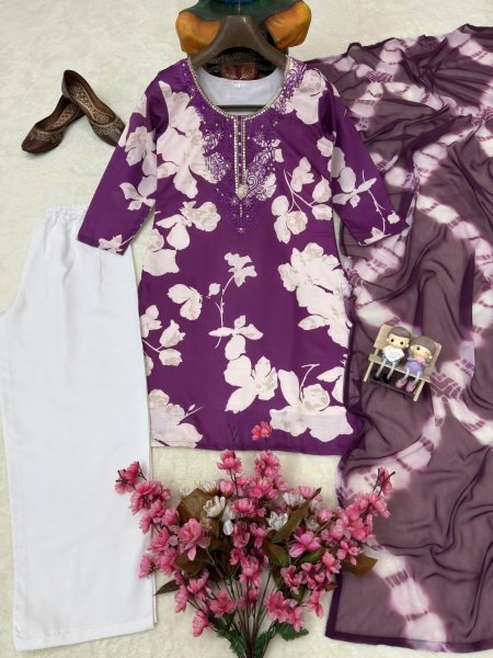 Purple Comfortable Cotton Suit Set for Women Casual and Office Wear Printed Kurtis