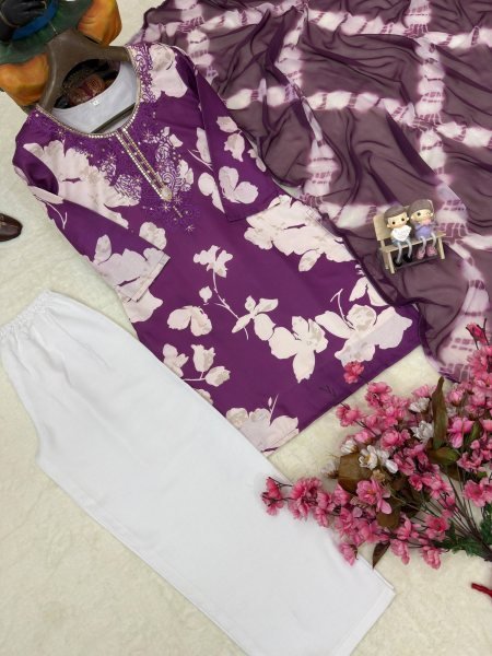 Purple Comfortable Cotton Suit Set for Women Casual and Office Wear Printed Kurtis