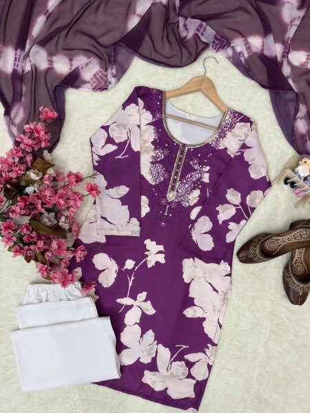Purple Comfortable Cotton Suit Set for Women Casual and Office Wear Printed Kurtis