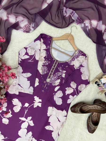 Purple Comfortable Cotton Suit Set for Women Casual and Office Wear Printed Kurtis