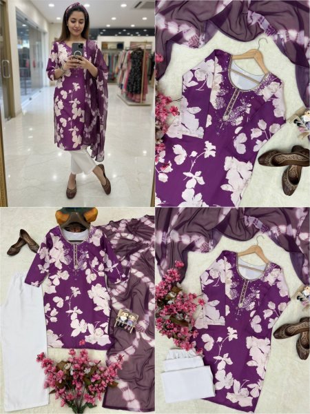 Purple Comfortable Cotton Suit Set for Women Casual and Office Wear Printed Kurtis