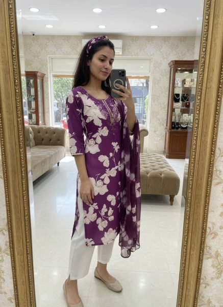 Purple Comfortable Cotton Suit Set for Women Casual and Office Wear Printed Kurtis