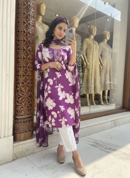 Purple Comfortable Cotton Suit Set for Women Casual and Office Wear Printed Kurtis