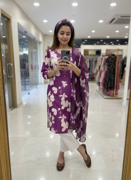 Purple Comfortable Cotton Suit Set for Women Casual and Office Wear Printed Kurtis