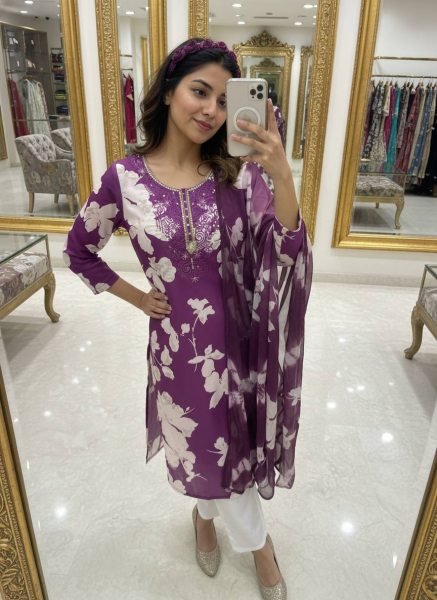 Purple Comfortable Cotton Suit Set for Women Casual and Office Wear Printed Kurtis