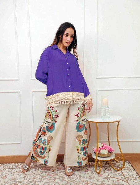 Purple Cotton Co Ord Set with A Cut Top and Printed Pants Party Wear Style Kurti With Bottom Wholesale