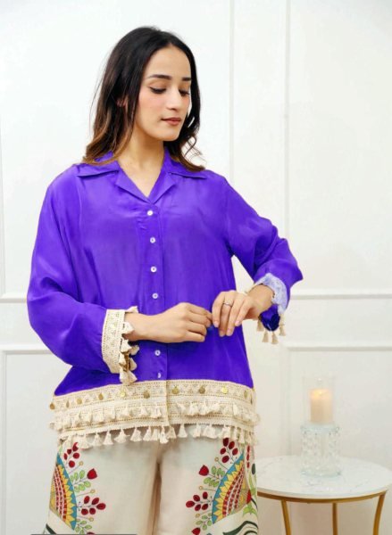 Purple Cotton Co Ord Set with A Cut Top and Printed Pants Party Wear Style Kurti With Bottom Wholesale