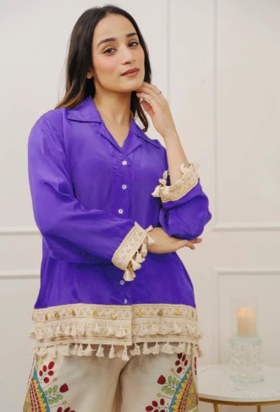 Purple Cotton Co Ord Set with A Cut Top and Printed Pants Party Wear Style Kurti With Bottom Wholesale