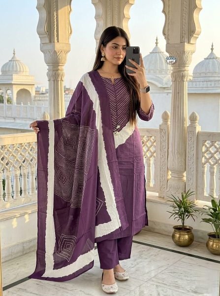 Purple Cotton Kurta Set with Embroidery Work and Malmal Dupatta for Daily Wear Embroidery Kurtis 