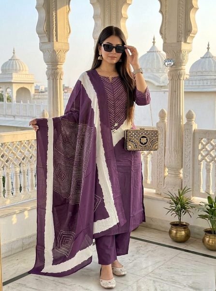 Purple Cotton Kurta Set with Embroidery Work and Malmal Dupatta for Daily Wear Embroidery Kurtis 