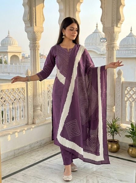 Purple Cotton Kurta Set with Embroidery Work and Malmal Dupatta for Daily Wear Embroidery Kurtis 