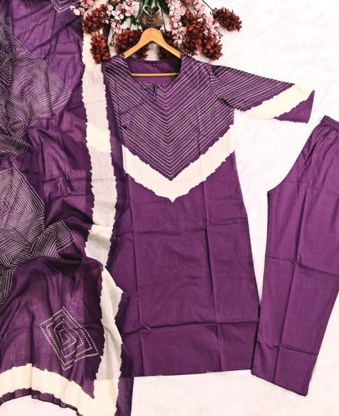 Purple Cotton Kurta Set with Embroidery Work and Malmal Dupatta for Daily Wear Embroidery Kurtis 