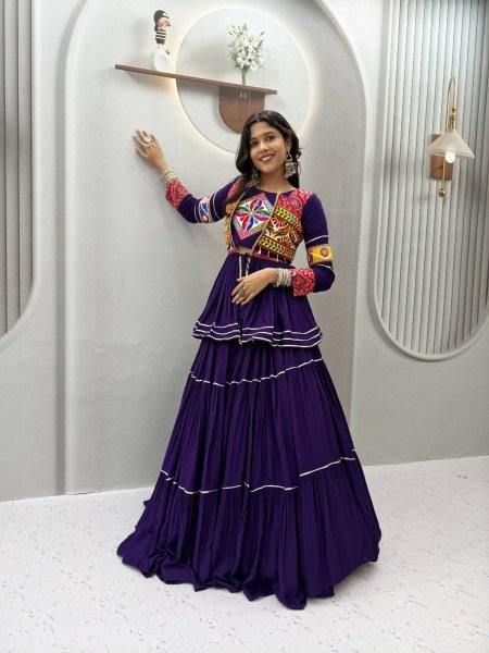 Purple Cotton Lehenga Choli with Heavy Gamthi Embroidery and Koti Set For Dandiya  Lehenga