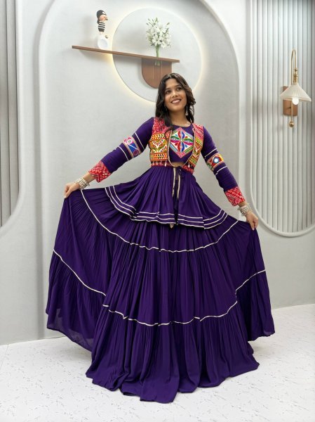 Purple Cotton Lehenga Choli with Heavy Gamthi Embroidery and Koti Set For Dandiya Navratri Lehnega Choli