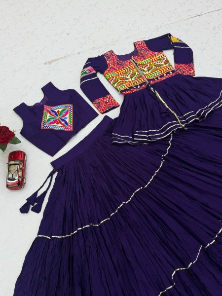 Purple Cotton Lehenga Choli with Heavy Gamthi Embroidery and Koti Set For Dandiya Navratri Lehnega Choli