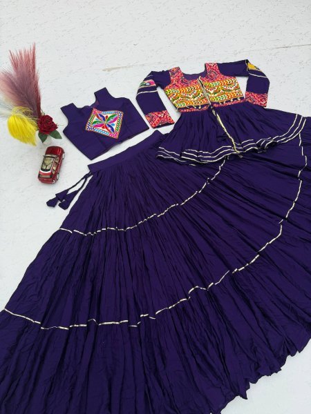 Purple Cotton Lehenga Choli with Heavy Gamthi Embroidery and Koti Set For Dandiya Navratri Lehnega Choli