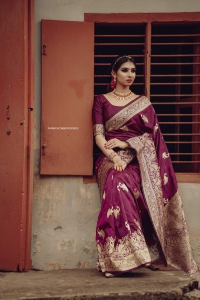 Purple Cotton Silk Banarasi Saree With Blouse Banarasi Saree Wholesale
