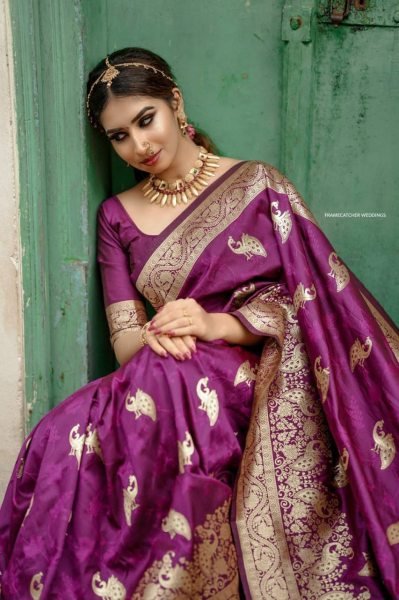 Purple Cotton Silk Banarasi Saree With Blouse Banarasi Saree Wholesale